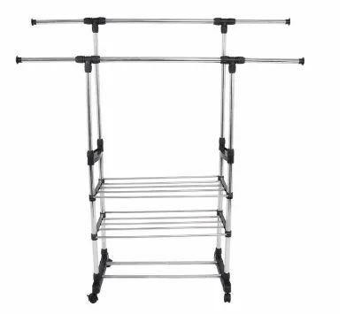 Portable Stainless Steel Folding Hanger Double-Tiered Standing Laundry Cloth Storage and Drying Rack for Living Room