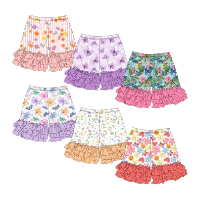Spring Summer Butterfly Custom Printing Kids Shorts Soft Fabric Three-Layer Ruffles Children Comfortable Pants