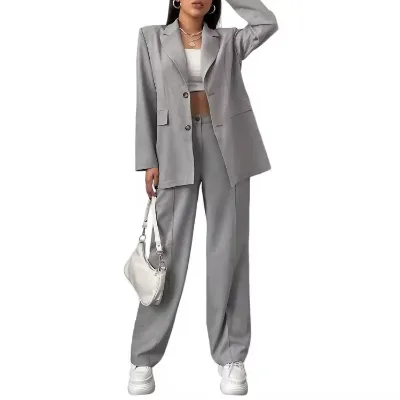 Women's Elegant Solid Lapel Neck Anti-Wrinkle Knitted Long Blazer and Suit Pants Workwear