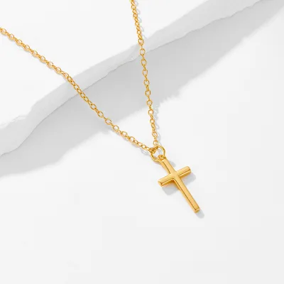 Wholesale Custom Fashion Jewelry 925 Sterling Silver Simple Gold Plated Glossy Dainty Cross Pendant Necklace for Women Men