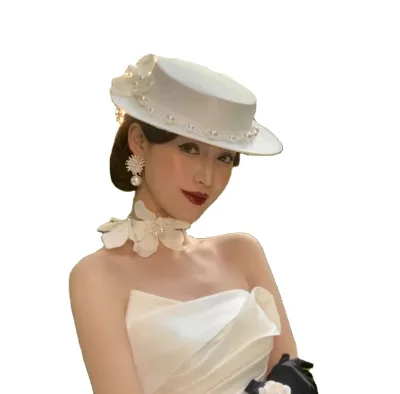 HM238 Classical Cute Elegant Wedding White Plain Hat Pearl Beading Silk Flower Bridal Fascinator