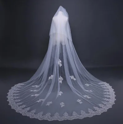 High-End and Elegant 3.8 Meter Long Lace Ivory Wedding Veil Bride Veil for Bride