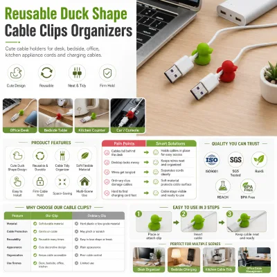 Customized Logo Reusable Duck Shape Cable Clips Organizers Desk Cable Management Wire Holder
