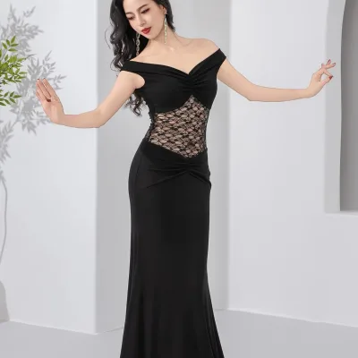 Belly Dance Black Lace Cutout Ballroom Dance Dress Women Off Shoulder Mermaid Long Gown for Latin Tango, Waltz Stage Performance