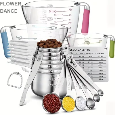 20-Piece Nesting Stainless Steel Measuring Cups and Spoons Set with Plastic Measuring Cup for Dry Liquid Ingredients
