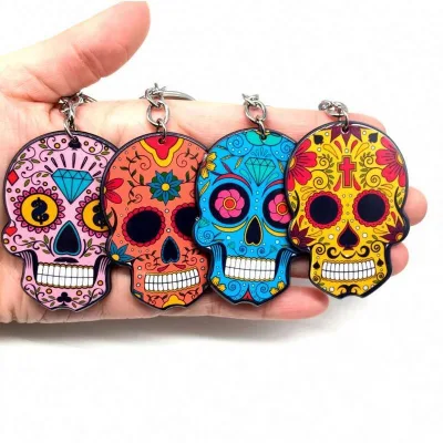 Flower Skull Charm Pendants Colorful Acrylic Key Chains Accessories Skull Charms Day of the Dead Charms Halloween KeyChain Gift