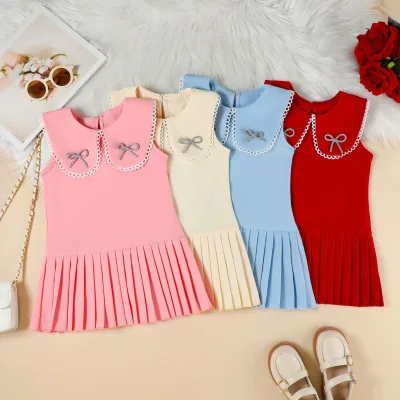 New Summer Children Girls Printed Sweet Fashionable Polka-dot Princess Style Polyester Dress POLO Collar Diamond-studded Bow