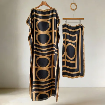 High-Grade Black Gold Contrast Retro Geometric Floral Ethnic Robe Turban Two-Piece Women's Meat Blouse Polyester Silk Scarf Set