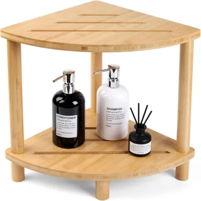 Corner Two Tier Natural Color Shelf Waterproof Teak Wood Shower Bench Stool Seat Chair
