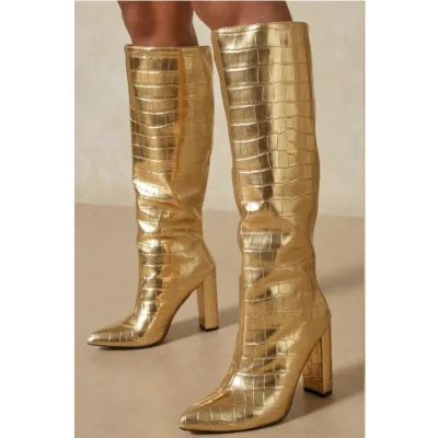 Women S Knee High Boots Crocodile Embossed Leather with Metallic Gold Finish Pointed Toe High Heel for Fashion Forward Women