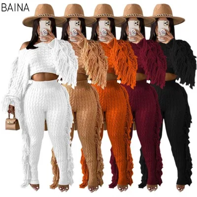 Fall Winter Casual Solid Color Knitting Sweater Tassel Diagonal Collar Design Women Crop Top 2 Piece Pants Set