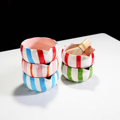 Ceramic Painted Striped Ins Cream Style 4-Piece Matcha Tea Set with Bamboo Whisk Accessories