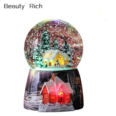 Girls Snow Globe Christmas Village Santa Snow Globe Winter Glitter Art Crystal Ball Rotate 7 Colors Change Light Musical Box