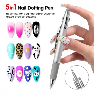 Multifunction 5 in 1 Nail Dot Pen Double-ended Press-type Nail Dotting Drawing Tool Outlining Powder Application Nail Paint Pen