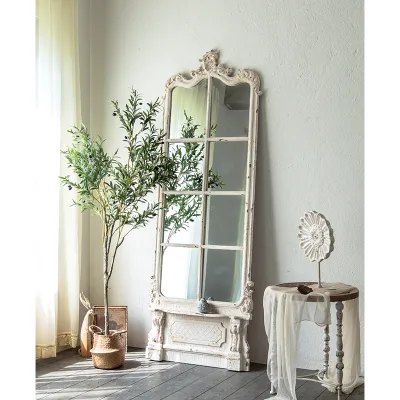 Living Room European Washed White Wooden Vintage Decor Full Length Mirror Large Wood Frame Window Floor Mirror