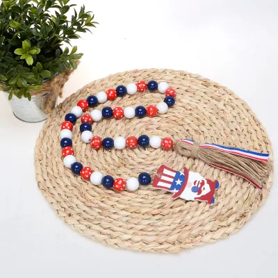 Memorial Day Wood Bead Garland 4th of July Wood Bead Garland With Tag for Patriotic Farmhouse Decor