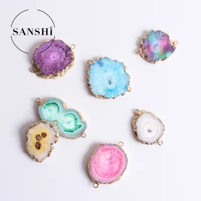 Irregular Natural Agate Crystal Nodule Double-Hole Electroplated Pendant Findings DIY Necklace Making Connector for Bracelets