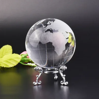 Clear World Globe Crystal Ball Glass Sphere Paperweight Healing Meditation Ball with Gold Stand for Creative Gift 80mm