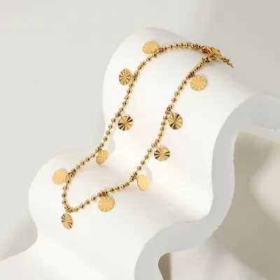 Stainless Steel Tassel Balls Chain Coin Anklet Sequin Disc Anklets for Women Beach Barefoot Summer Foot Jewelry