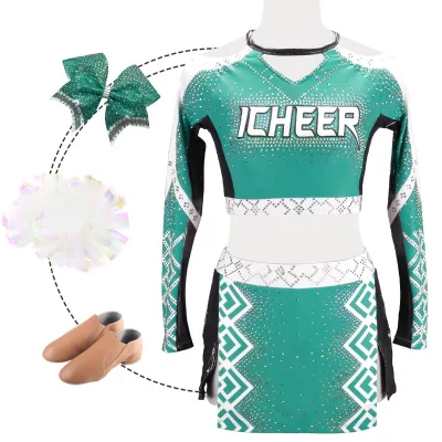 Use Your Own Design Cheer Uniforms Adult Long Sleeve Green Cheerleading Uniform Custom Lady Cheerleader Outfit