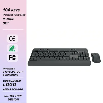 Gaming Slim Wireless 2.4GHz Ergonomic Keyboard Mouse Set Ultra Thin Design 104-Key Multimedia Function Keys Programmable 10m