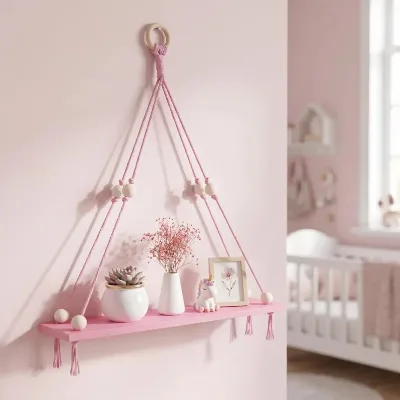 Shelf Pink Wooden Hanging Shelf Rope Hanging Wooden Wall Shelf Nursery Decor Floating Shelves Wall Mount pink Shelves with Rope