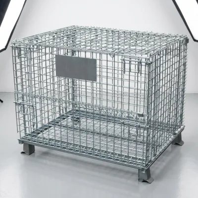 Galvanized Steel Wire Stillage Storage Container With Peaked Roof Half Gate Drop Door Sliding Latch StackFeet for Industrial