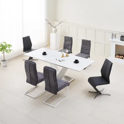 Modern Luxury Rock Plate Extendable Dining Table Set White Marble Top V-Shaped Stainless Steel Base 6-8 Seater Home Furniture