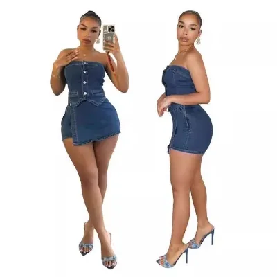 Denim Sexy Skinny 2 Piece Set Party Club Outfits for Woman Sexy Strapless Tube Tops and Shorts Matching Set