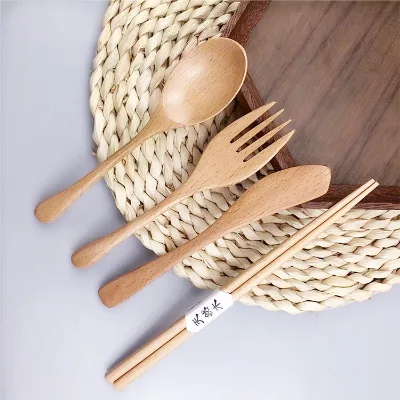 Eco Friendly High Quality Reusable Wooden Camping Modern Luxury Stainless Steel Dinnerware Cutlery Set