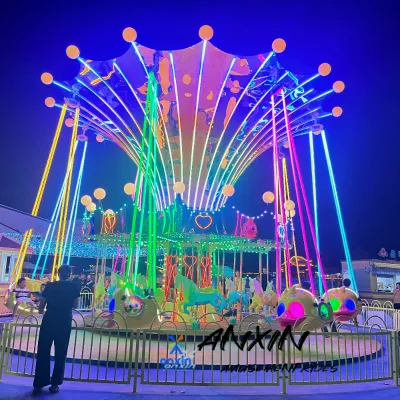 Family Entertainment Outdoor Fiberglass Metal Carousel Flying Chairs Ride Rotating Platform Suspended Swinging Chairs 16 Seats