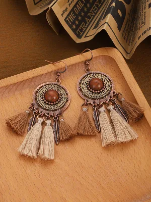 Ethnic Woven Dream Catcher Tassel Drop Earrings Retro Braided Round Metal Leaf Pendant Zircon Gypsy Ladies Fashion Jewelry