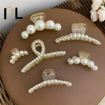 PL Korean Girls Fashion Cross Pearl Plastic Hair Claws Elegant Temperament Hair Claw Clips for Thick Hair