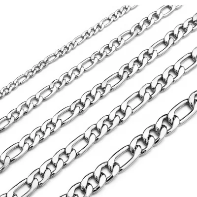 Silver Color Stainless Steel Figaro Chain Necklace Multi Size Mens Hip Hop Jewelry DIY Craft Supplies