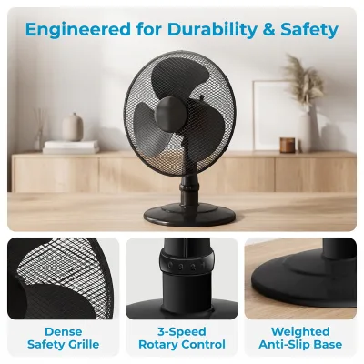 Small Table Fan for Student Dormitory Low Noise Sleeping 3 Speed Settings 90 Degree Oscillation Space Saving Quiet Table Fan