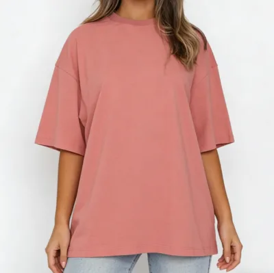 Women's Casual Printed Knitted Y2K Custom Logo Summer Breathable Pink Oversized Drop Shoulder T-Shirt 100% Cotton Blank