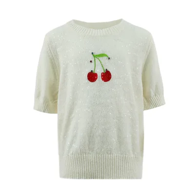 Customizable Winter Girls Cherry Embroidery Sequin Lined Zipper-Up Knitted Sweatshirt Anti-Pilling Quick Dry Breathable Kids