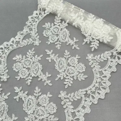 White French Style Double-sided Computer Embroidered Lace Floral Design Polyester Glossy Yarn for Home Textiles Curtains Bedding