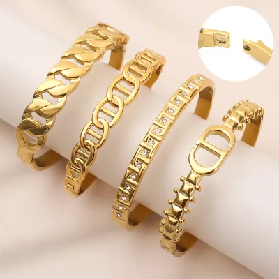 Wholesale 18K Gold Plated Hollow Zircon Bangle 304 Stainless Steel Trendy Jewelry for Women Acier Inoxydable 304 Bijoux Femme