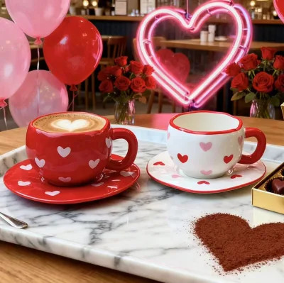 Hand-held Stoneware Ceramic Coffee Cup Saucer Set Modern Design Irregularly Hand-painted Love-themed Couple Cups Gift Souvenir