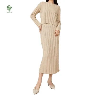 Wholesale Custom Fancy Crewneck Long Sleeve 2Piece Sweater Skirt Suit Glitter Ribbed Knit Co Ord Set Viscose Women'S Sweater Set