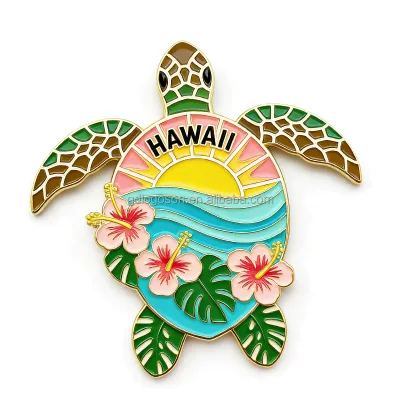 Hawaiian Sea Turtle Magnetic Fridge Magnet with Hibiscus Flowers Sunrise Ocean Design Tropical Beach Themed Refrigerator Sticker