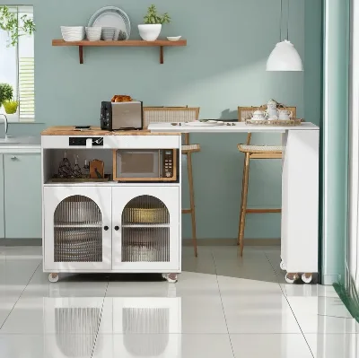 Solid Wood Top Kitchen Island and Carts Rolling Kitchen Storage Cabinet and Dining Desk with LED Light and Charging Station