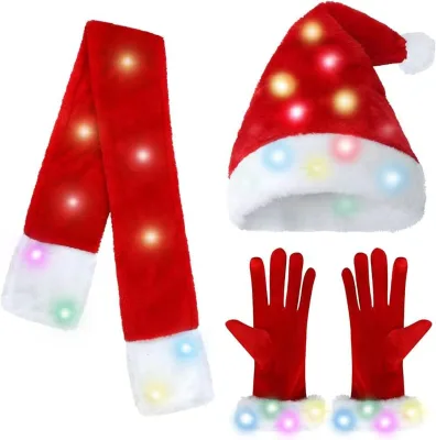 3 Pcs Xmas Holiday Party Lighted Gloves LED Light up Plush Scarf Christmas Light up Santa Hats