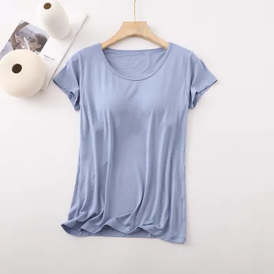 Womens Short-Sleeve Modal Base Shirt Built-In Padded Bra Spring/Summer Casual Loose-Fit One-Piece Loungewear Five-Finger