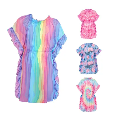 Factory Girls Swimsuits Coverups Beach Swim Dress Ruffles Sleeves Summer Children Swimwear Cover up Size 5-12Years