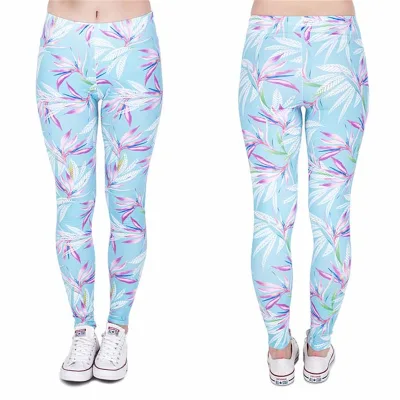 Wholesale Hot Selling Custom Print 3D BLUE LEAVES Super Soft Anti-Bacterial Breathable Ankle-Length 92% Polyester Women Leggings
