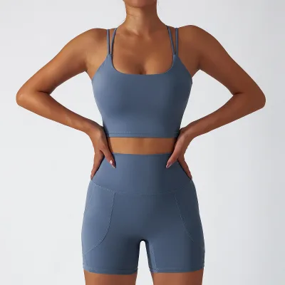 Wholesale Recycled Fabric Fitness Bra Shorts Set Girls Sports Wear Women Spandex Two Piece Yoga Set Bra and Short Set