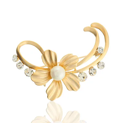 Jachon Vintage Alloy Diamond Corsage Stylish Matte Gold Pearl Flower Brooch Pin for Women