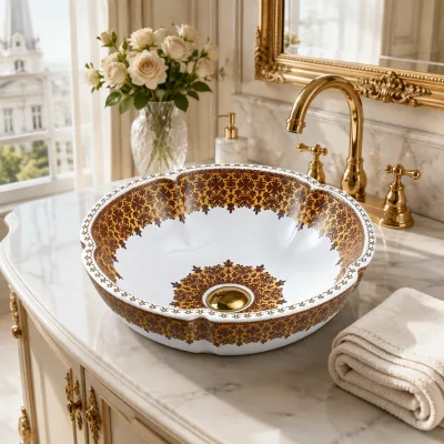 European Luxury Flower Shape Ceramic Art Basin Gold Floral Patterned Countertop Washbasin for Villa Hote